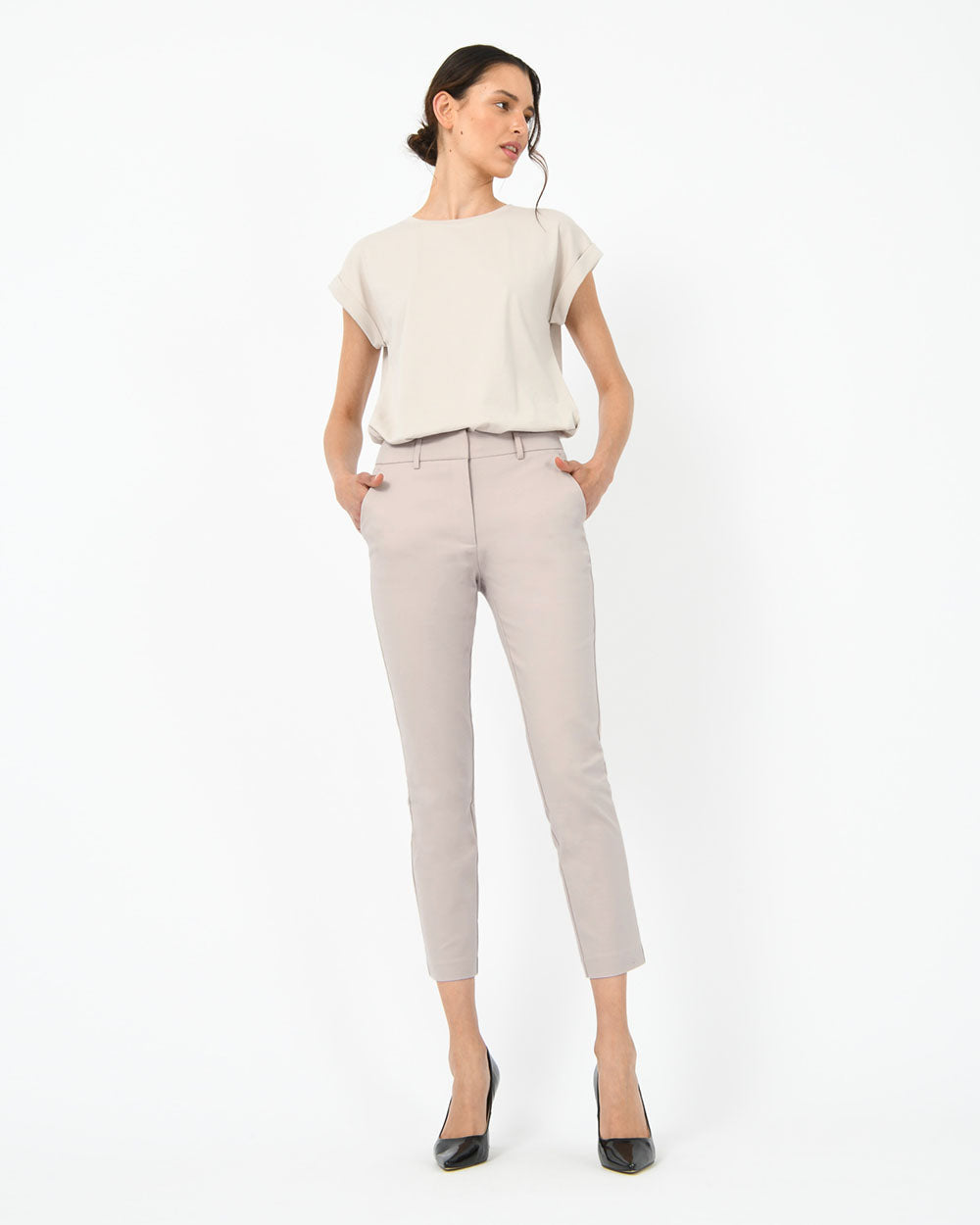 Stella High-Waist Trousers in light grey — full-length view