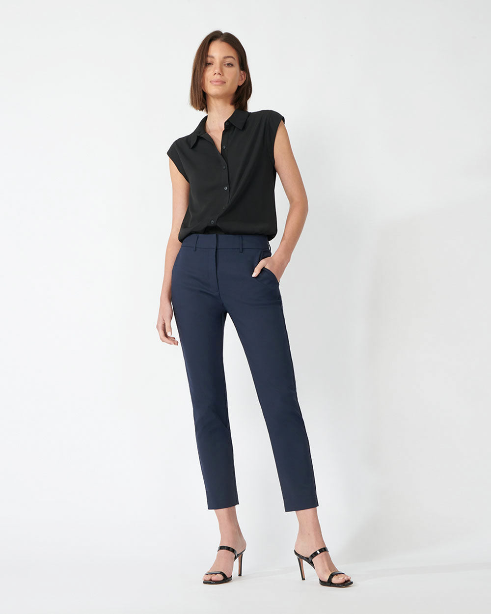 Stella High-Waist Trousers in navy — full-length view 3