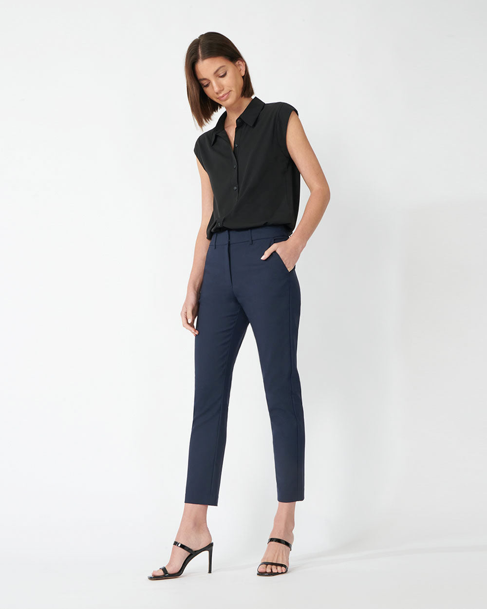 Stella High-Waist Trousers in navy — full-length view 6