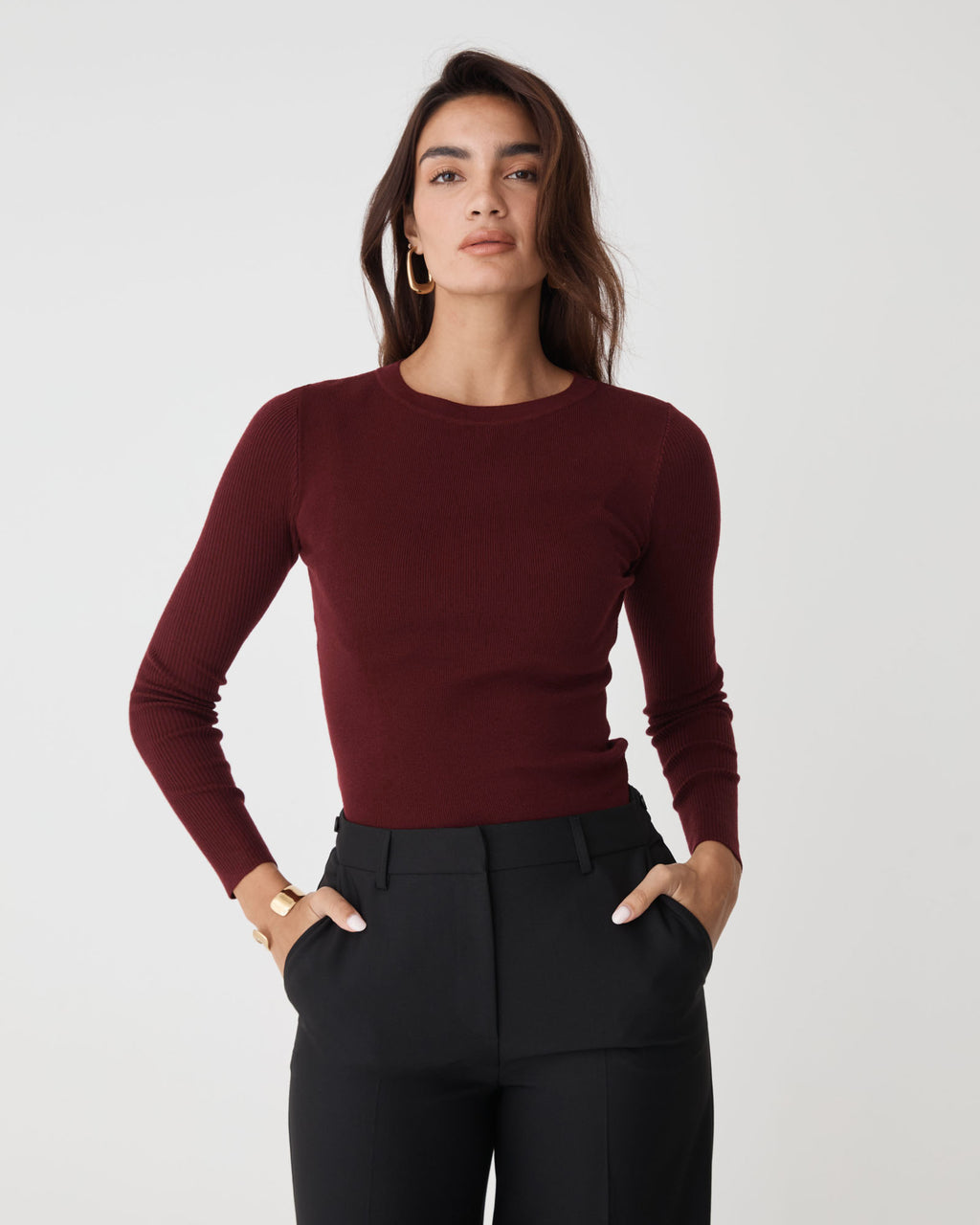 Tania Crew Neck Knit in bordeaux — close-up view