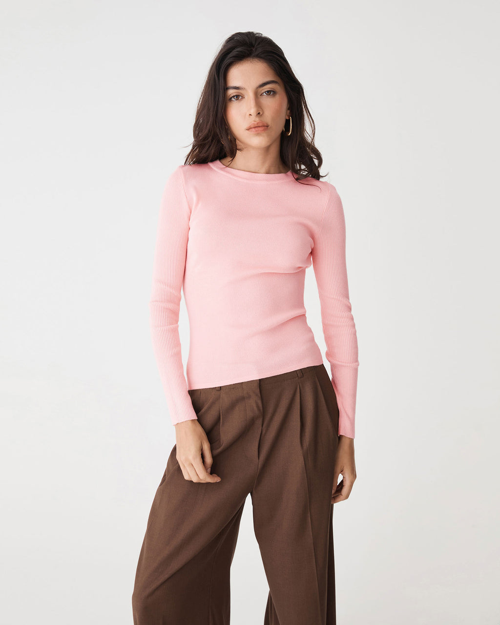 Tania Crew Neck Knit in blush pink — close-up view