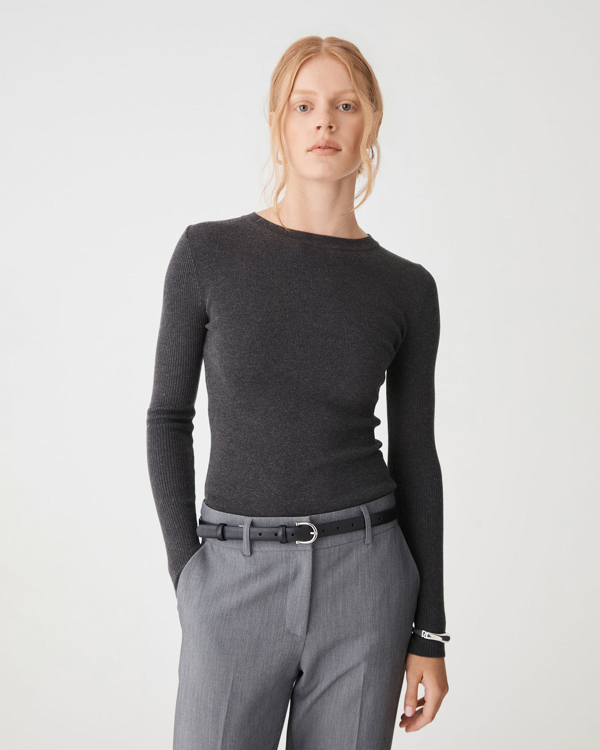 Tania Crew Neck Knit in charcoal — close-up view