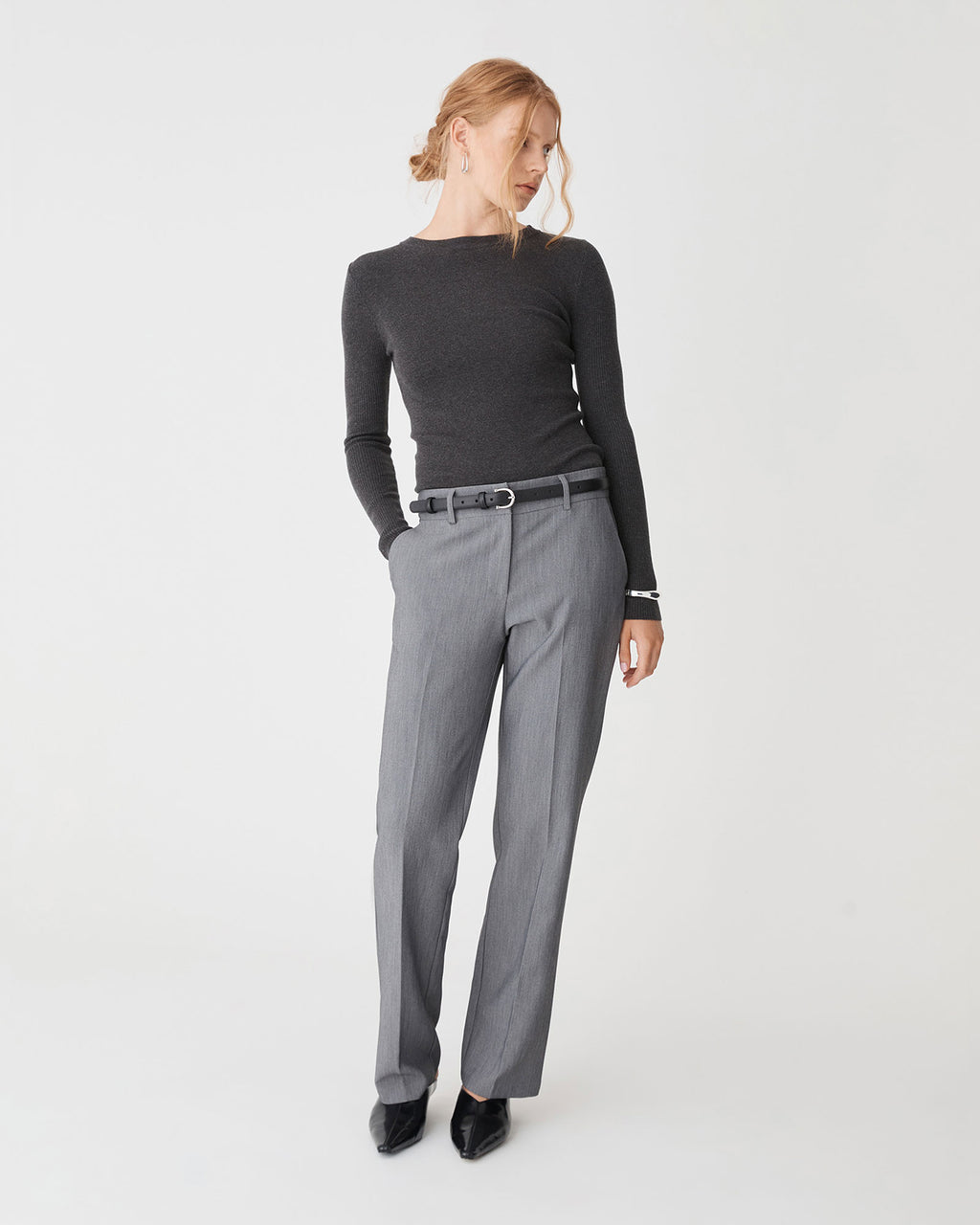 Tania Crew Neck Knit in charcoal — full-length view