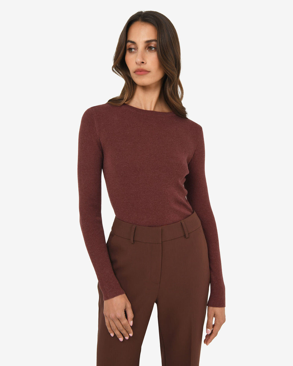 Tania Crew Neck Knit in clay — close-up view