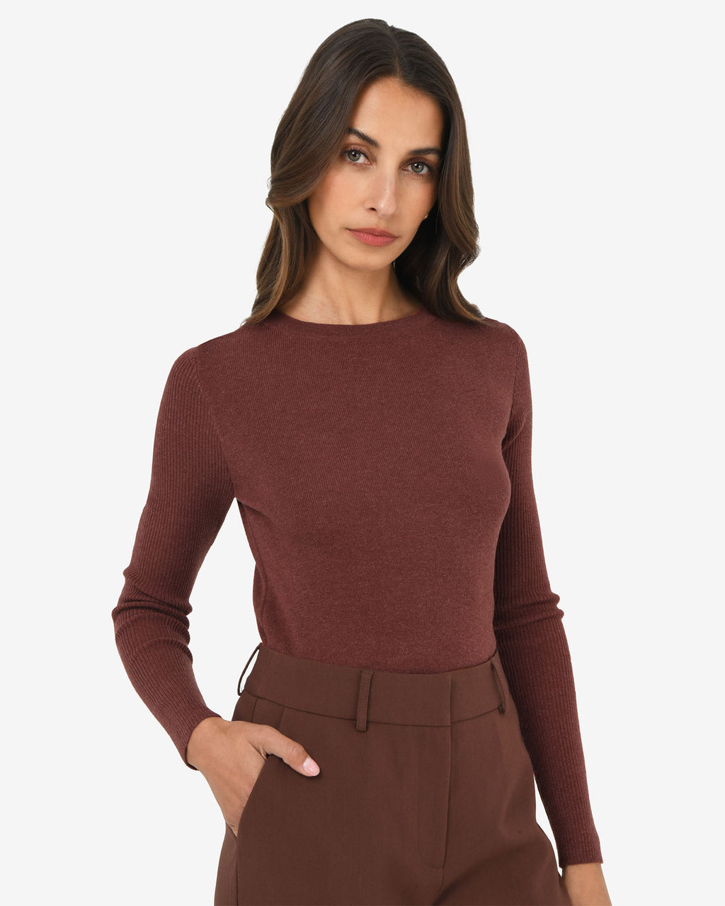 Tania Crew Neck Knit in clay — close-up view 2