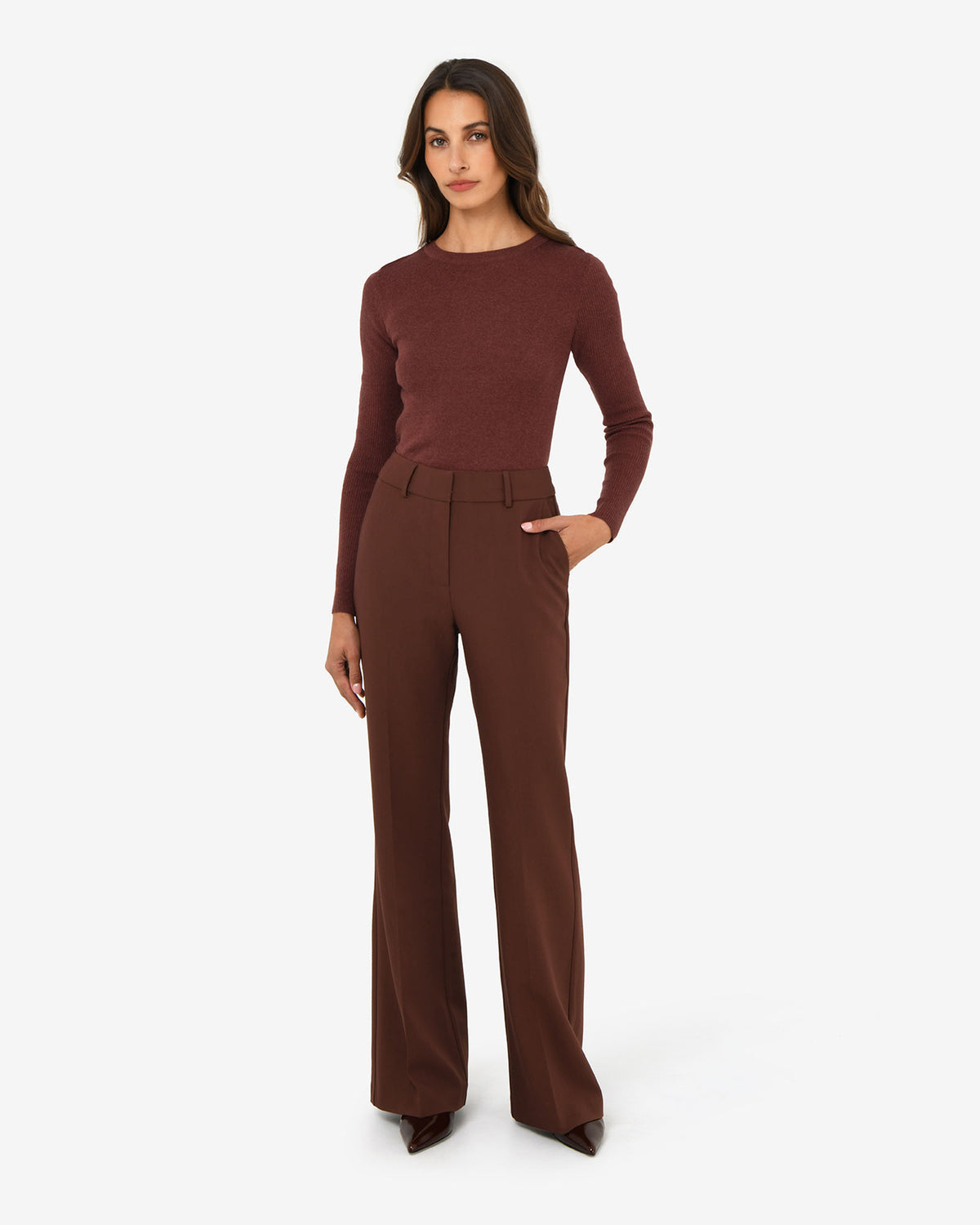 Tania Crew Neck Knit in clay — full-length view