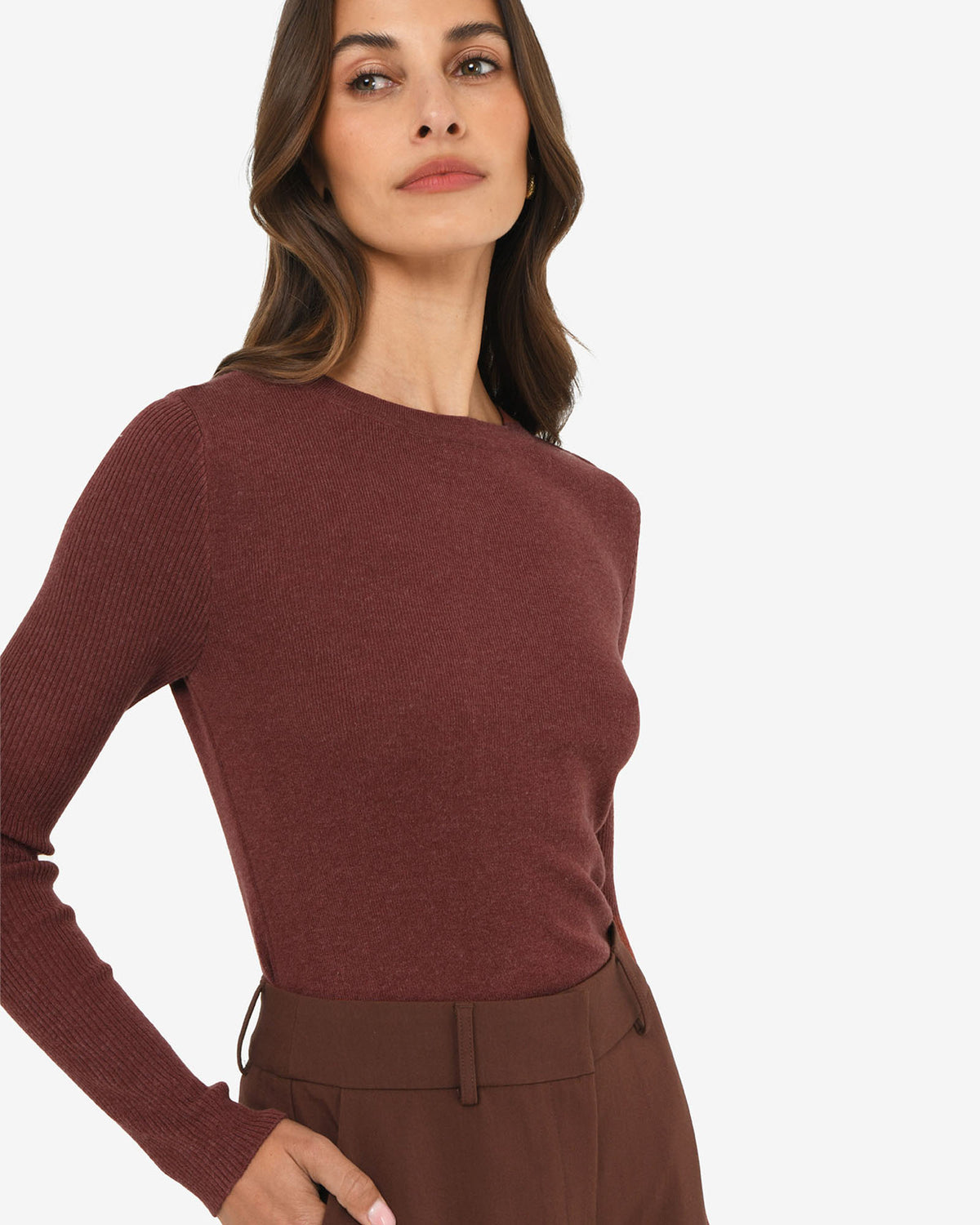 Tania Crew Neck Knit in clay — side view
