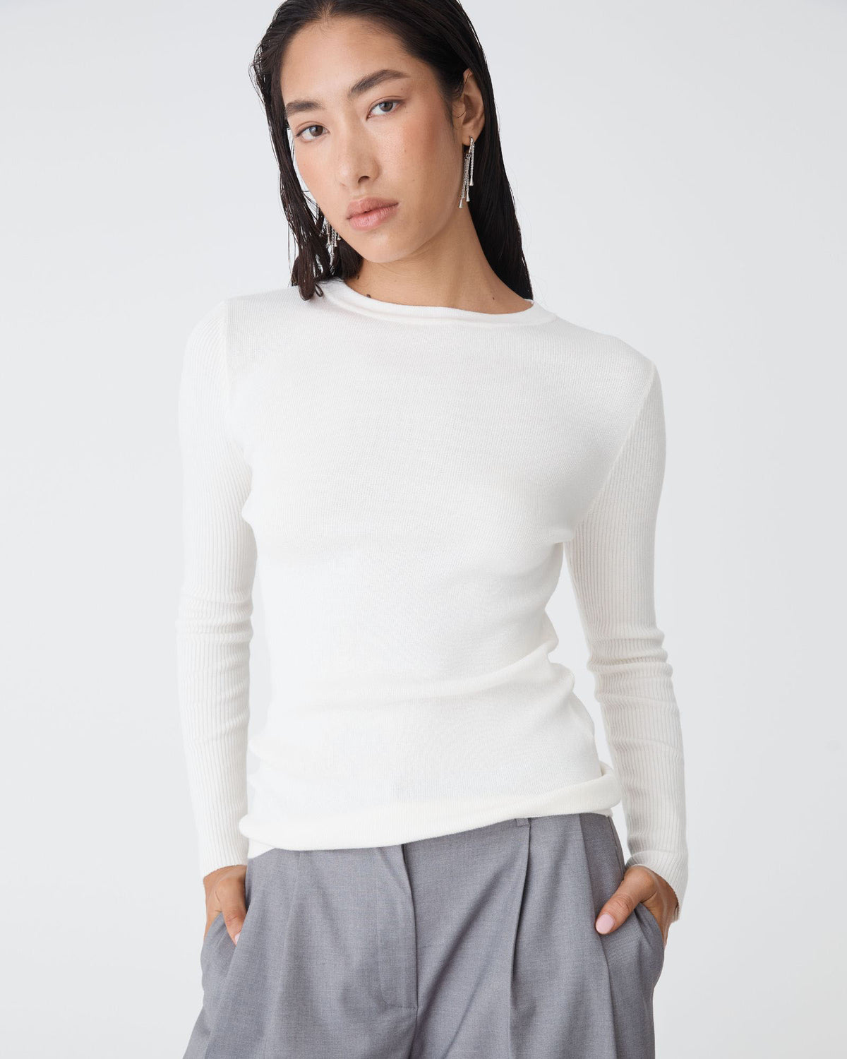 Tania Crew Neck Knit in ivory — close-up view