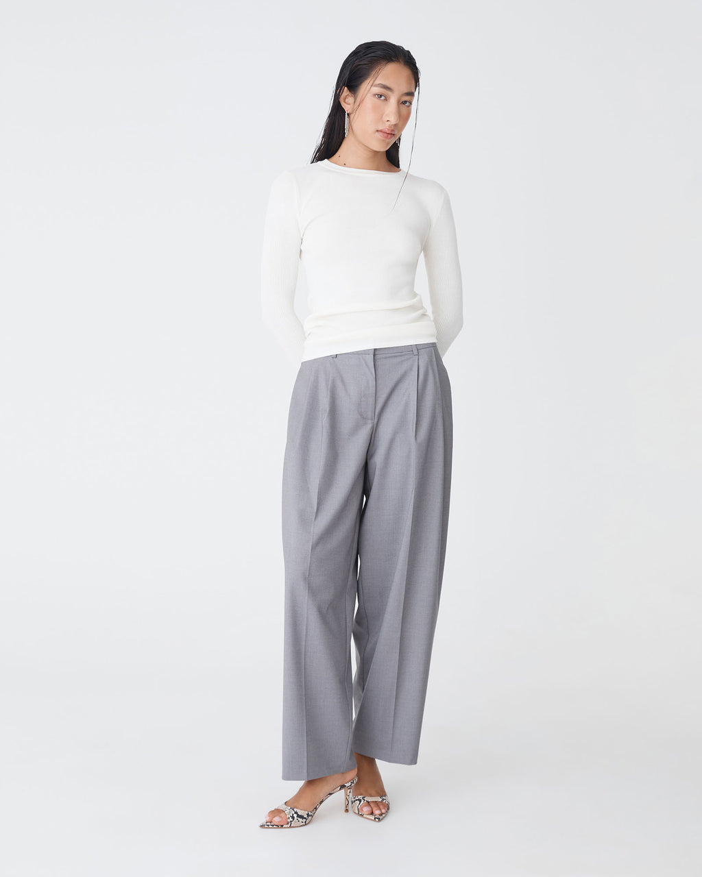 Tania Crew Neck Knit in ivory — full-length view