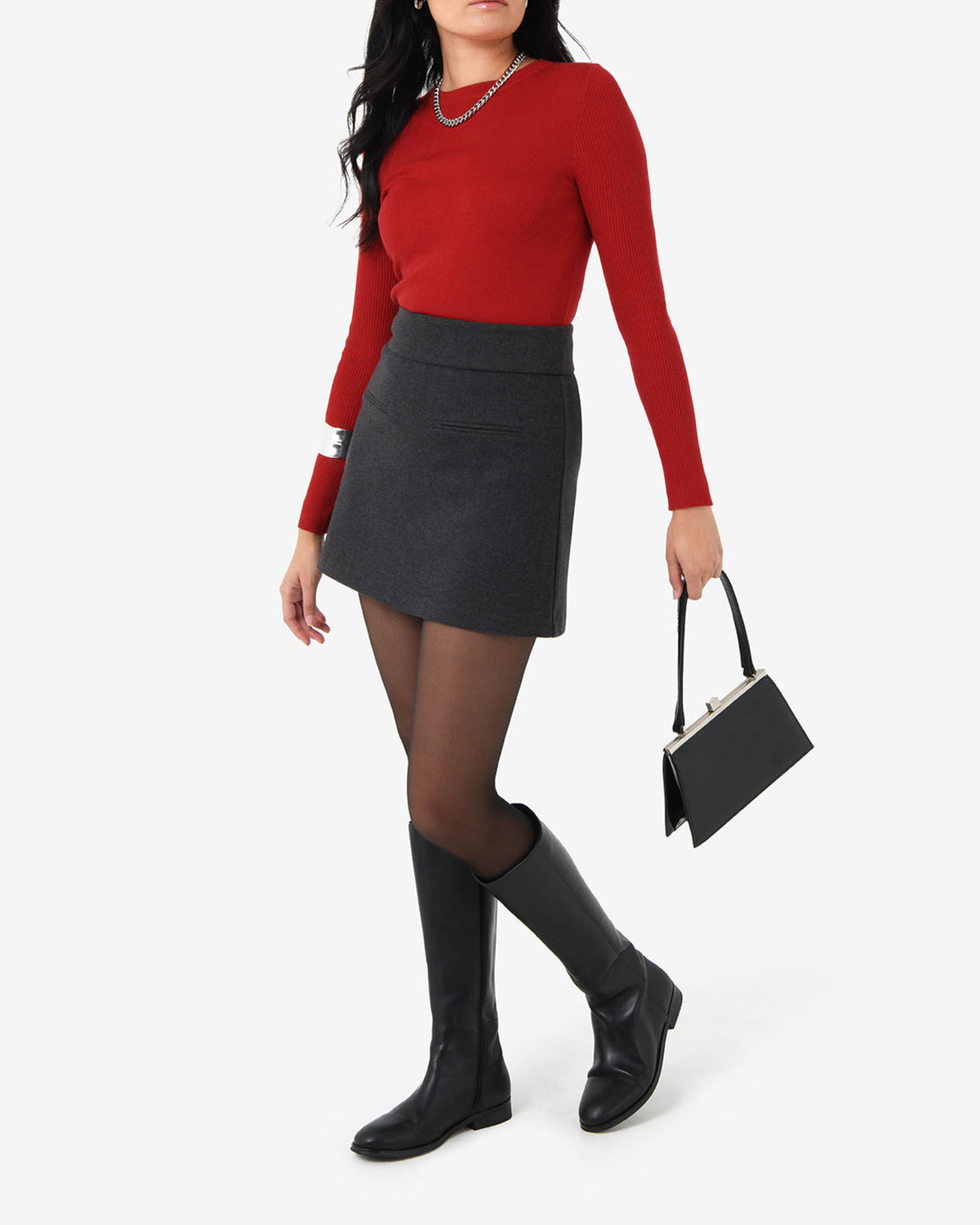 Tania Crew Neck Knit in red — full-length view