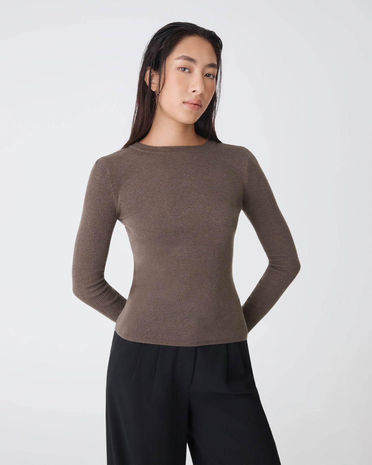 Tania Crew Neck Knit in walnut — close-up view