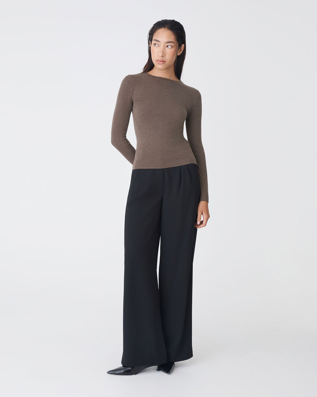 Tania Crew Neck Knit in walnut — full-length view