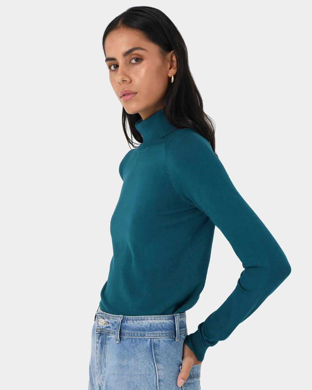 Clarisse Turtleneck Sweater in teal — side view 2