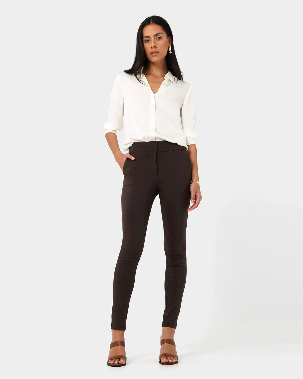 Emily High-Waisted Skinny Pants in deep brown — full-length view