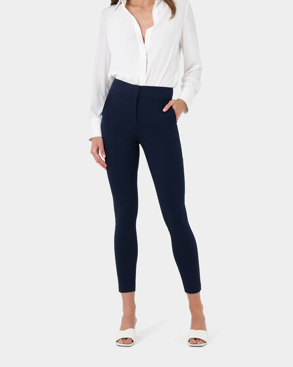 Emily High-Waisted Skinny Pants in navy — close-up view