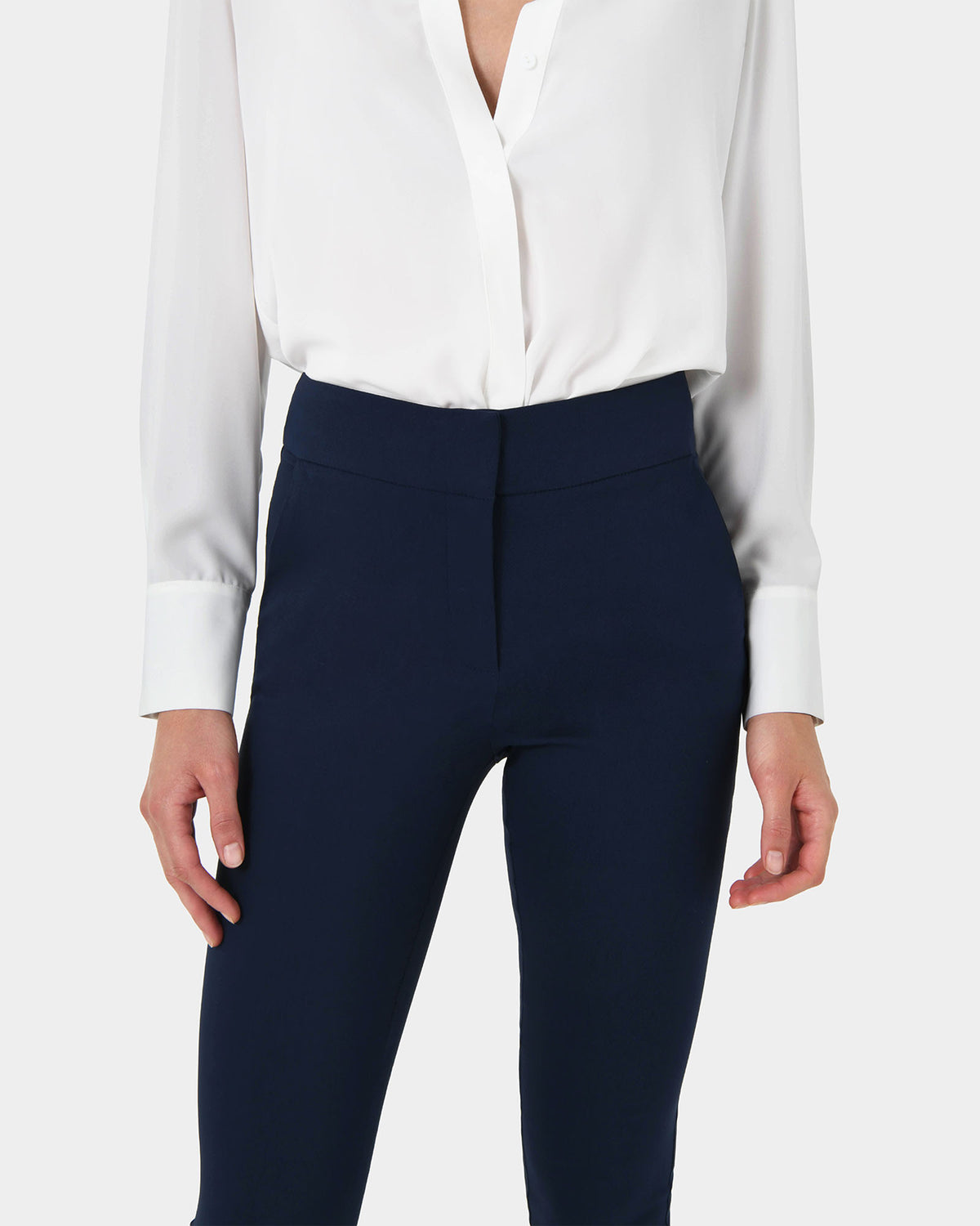 Emily High-Waisted Skinny Pants in navy — fabric detail