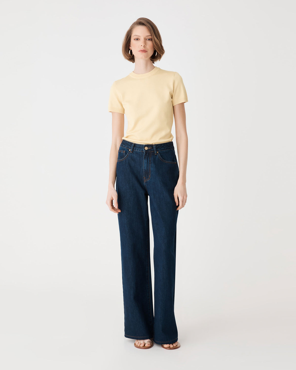 Catherine Short Sleeve Knit in straw yellow — full-length view
