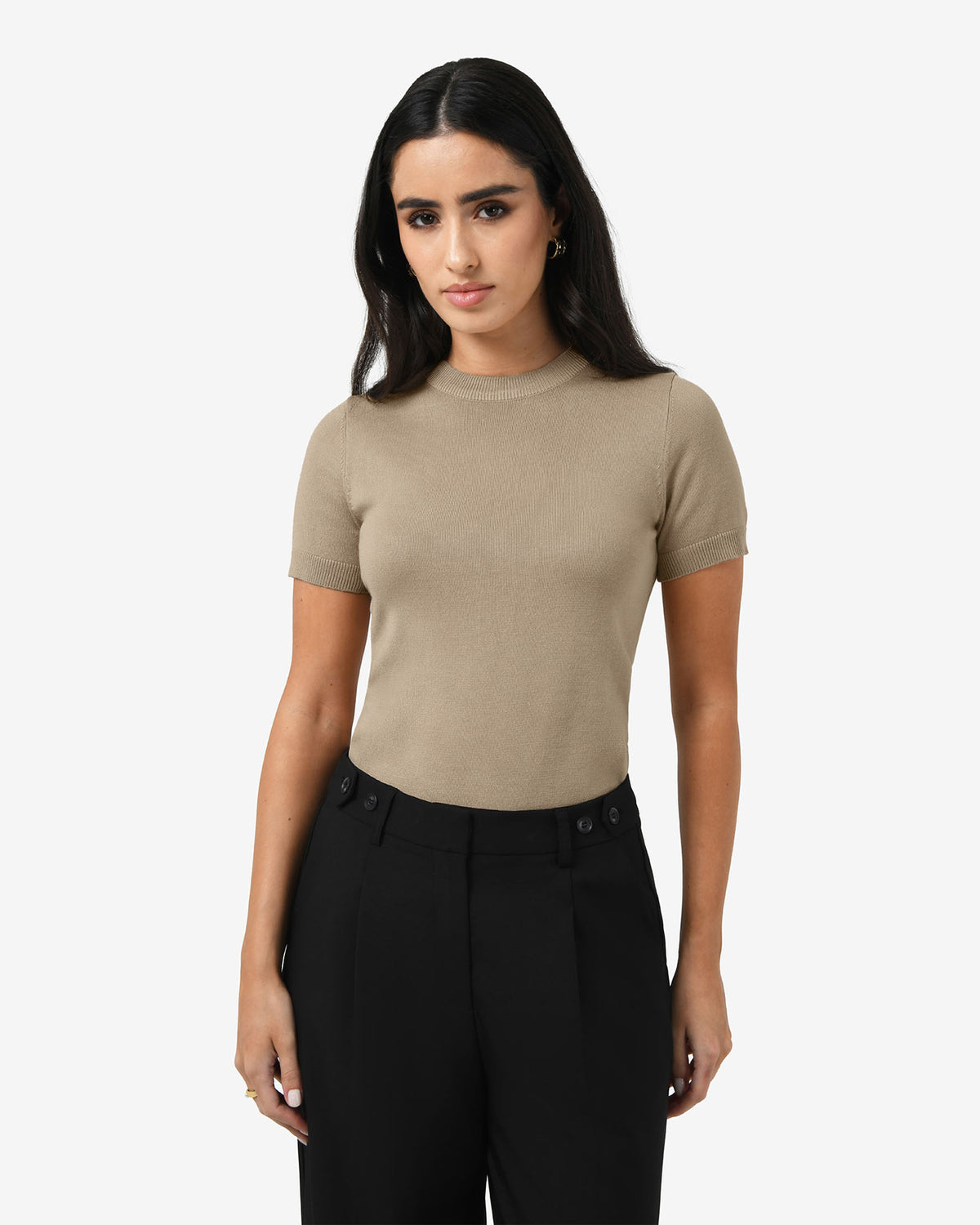 Catherine Short Sleeve Knit in beige — close-up view