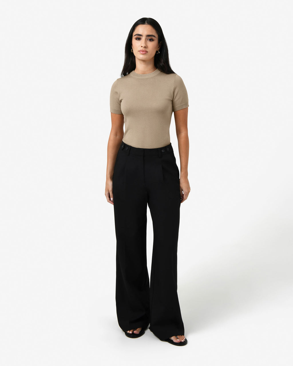 Catherine Short Sleeve Knit in beige — full-length view