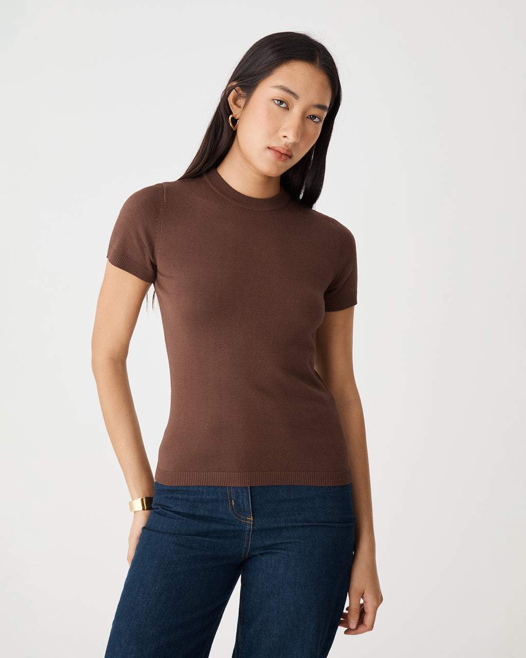 Catherine Short Sleeve Knit in brown — close-up view