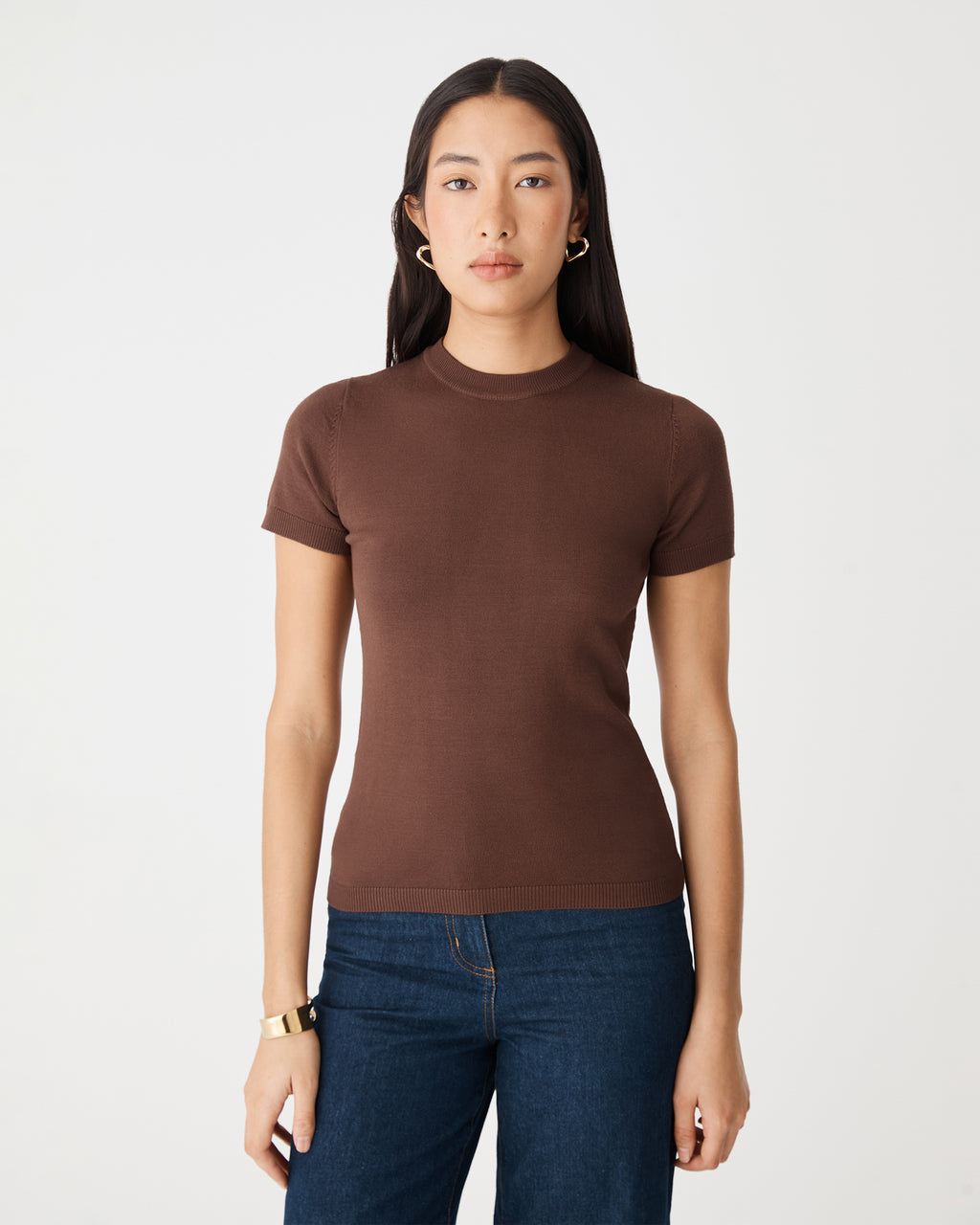 Catherine Short Sleeve Knit in brown — close-up view 2