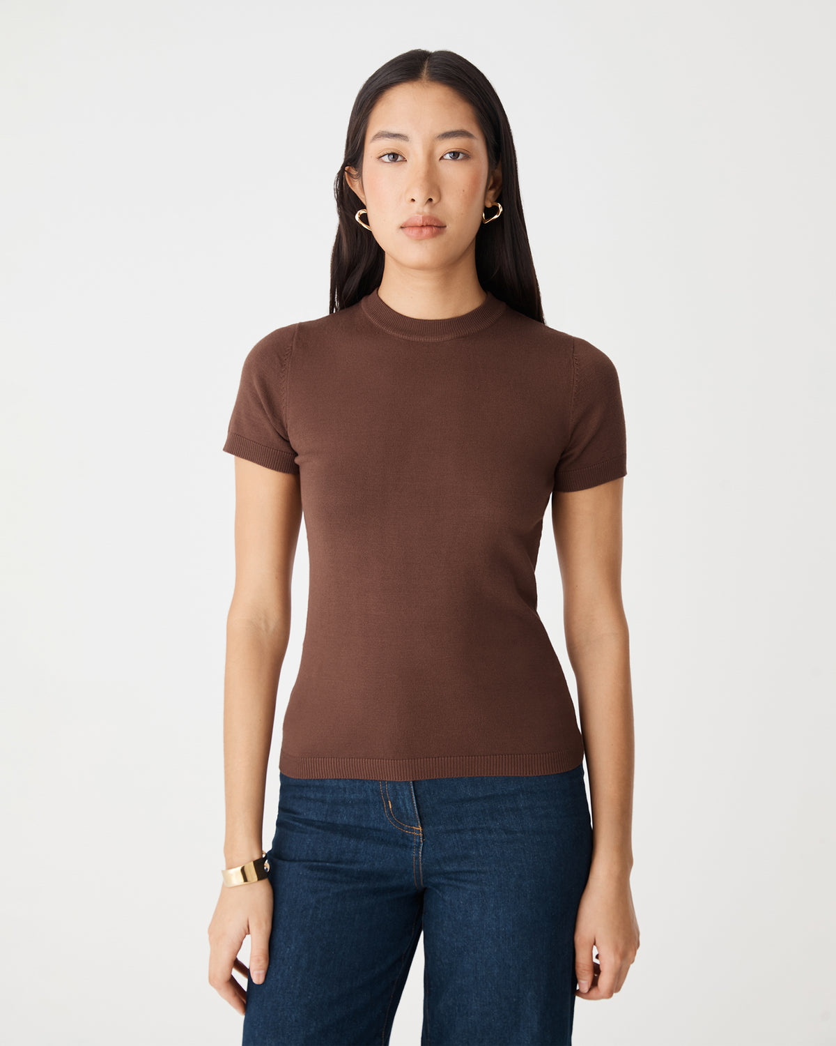 Catherine Short Sleeve Knit in brown — close-up view 2