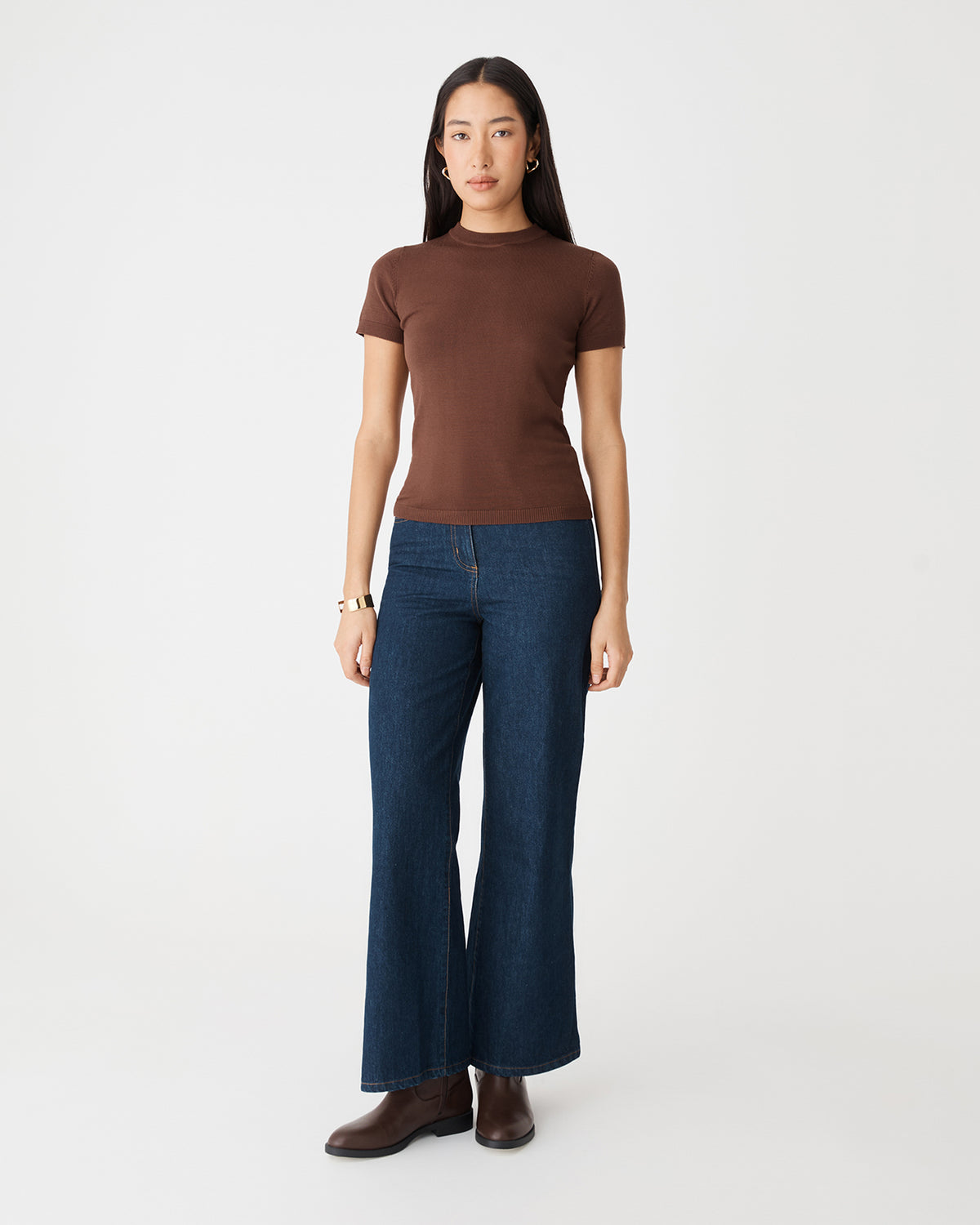 Catherine Short Sleeve Knit in brown — full-length view