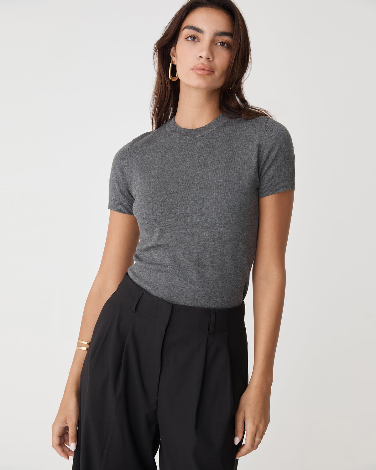Catherine Short Sleeve Knit in charcoal — close-up view 2