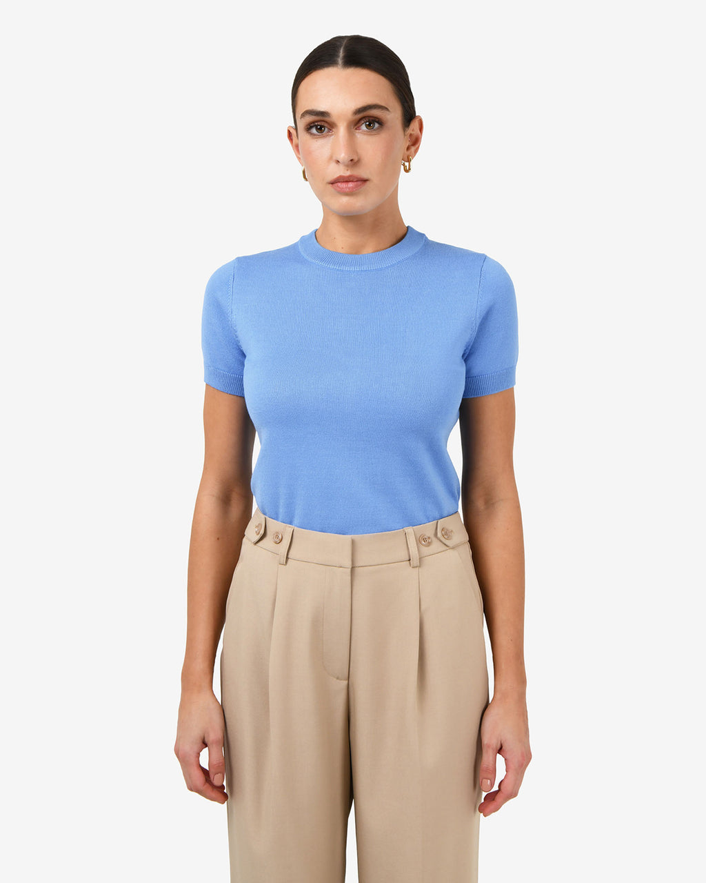 Catherine Short Sleeve Knit in periwinkle — close-up view