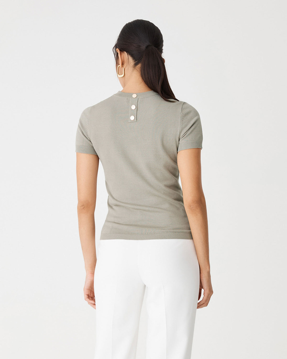 Catherine Short Sleeve Knit in silver sage — back view