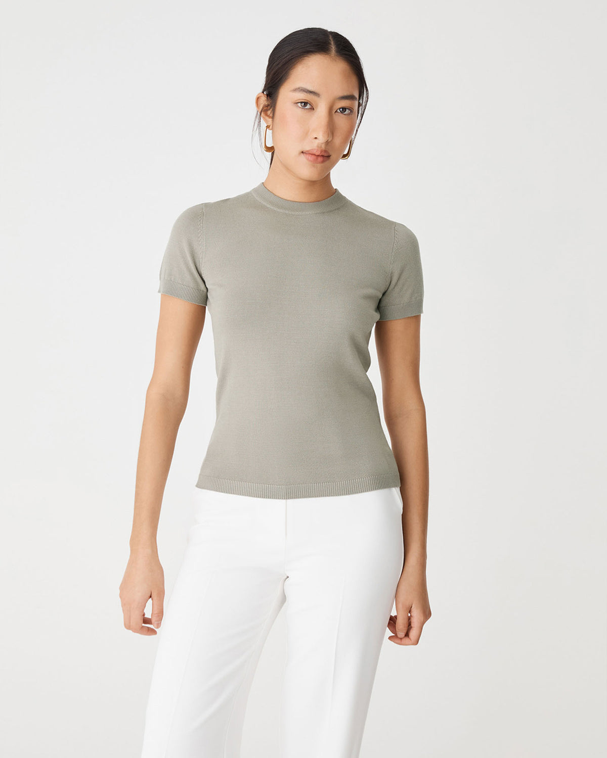Catherine Short Sleeve Knit in silver sage — close-up view
