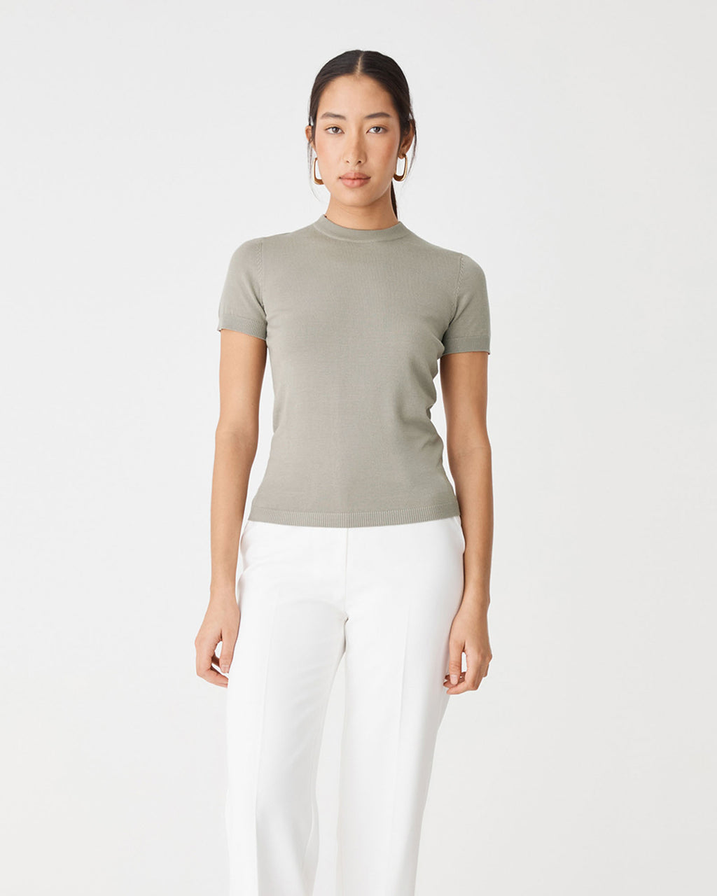 Catherine Short Sleeve Knit in silver sage — close-up view 2