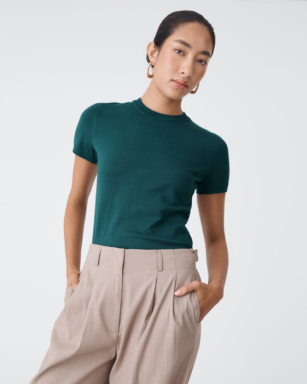 Catherine Short Sleeve Knit in teal — close-up view