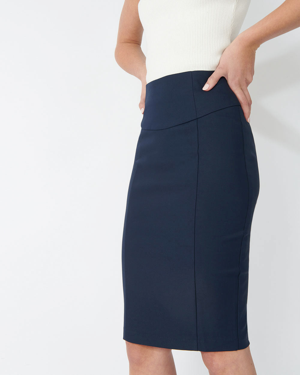 Lauren Pencil Skirt in navy — close-up view