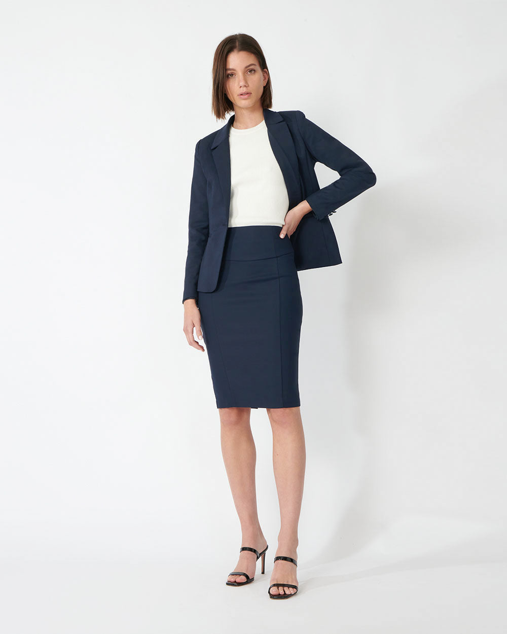 Lauren Pencil Skirt in navy — full-length view 3