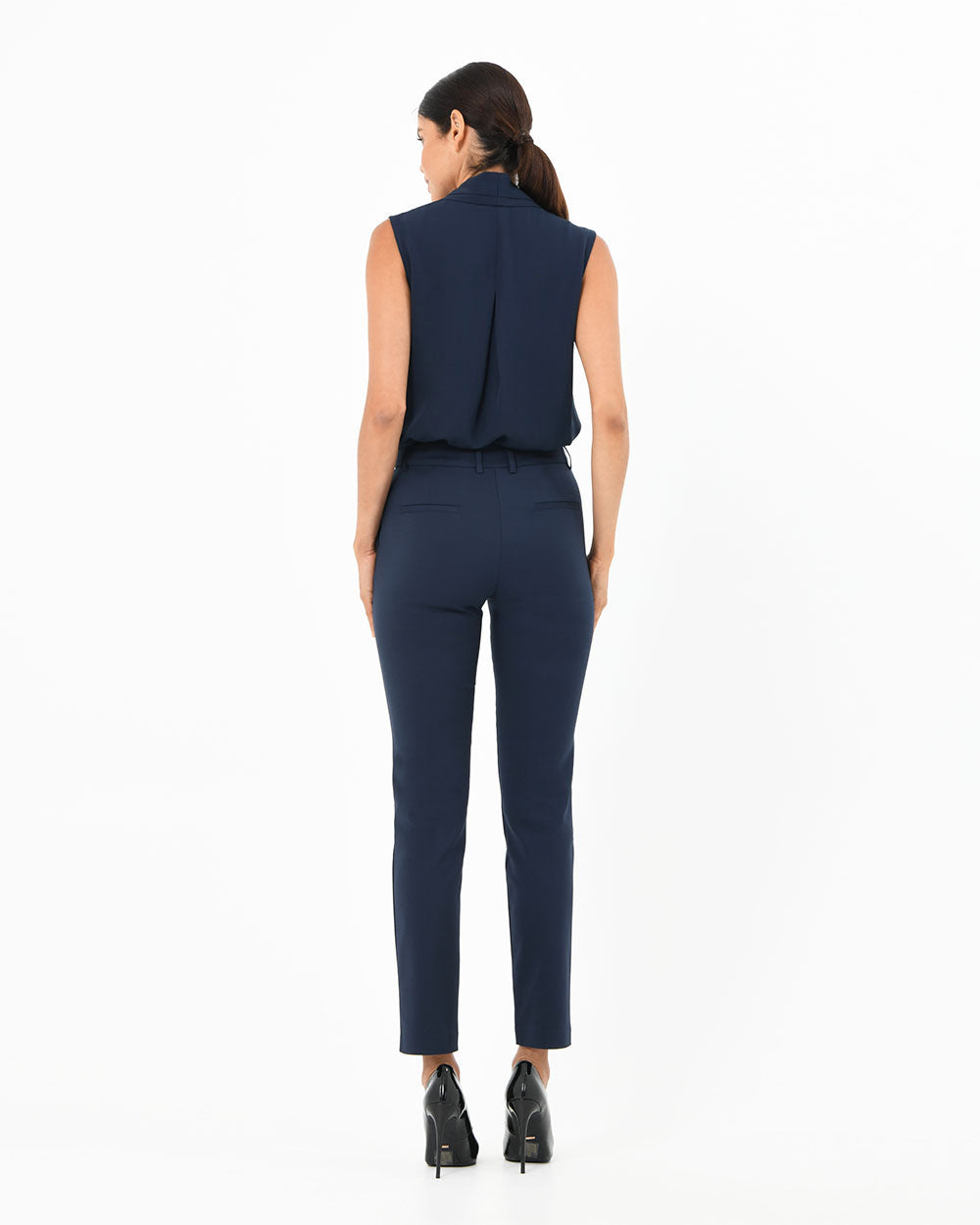 Alivia V-Neck Top in navy — back view