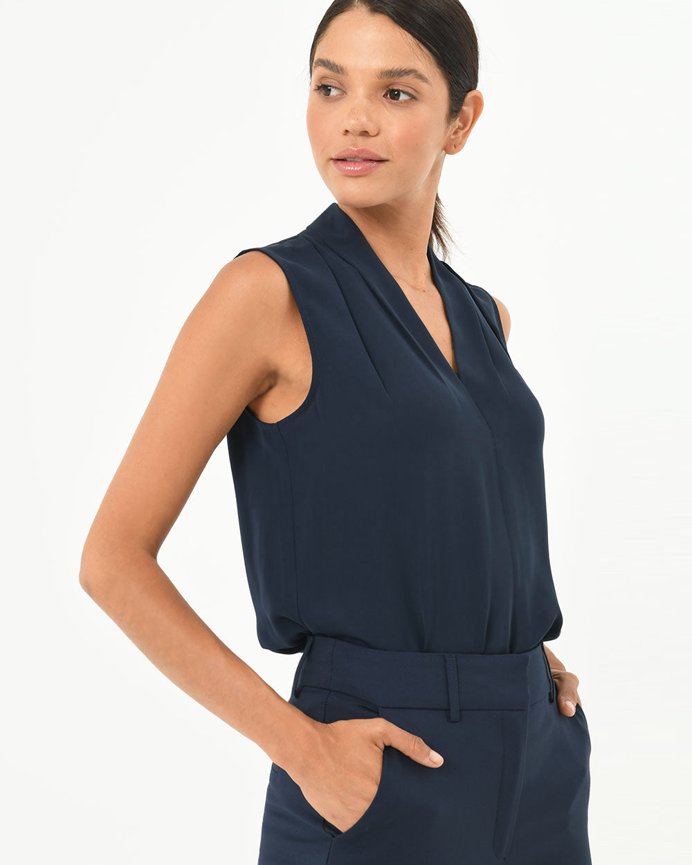 Alivia V-Neck Top in navy — side view