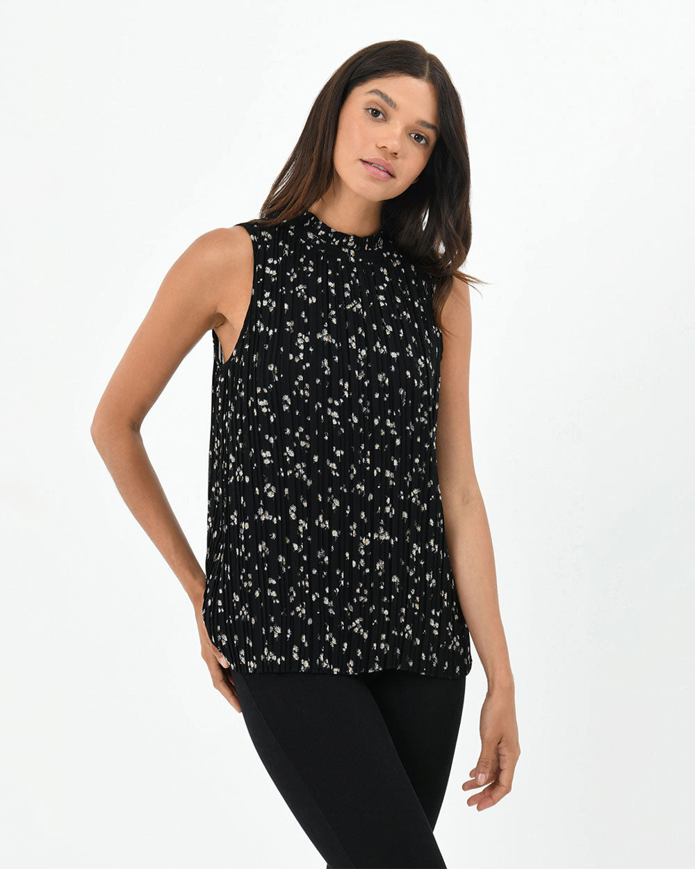 Della Pleated Top in black — close-up view 2