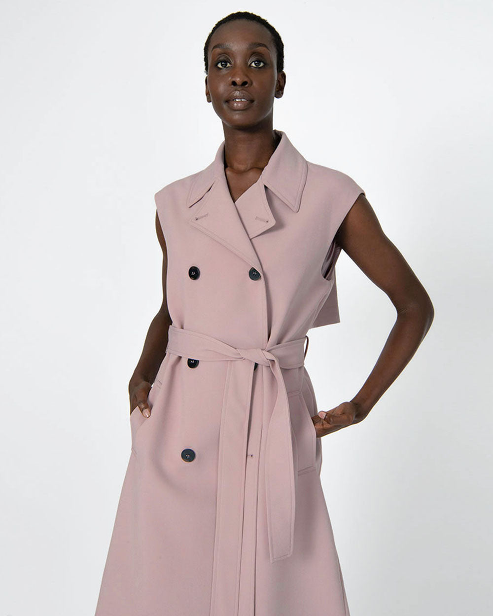 Celia Sleeveless Trench Coat in dusty violet — close-up view