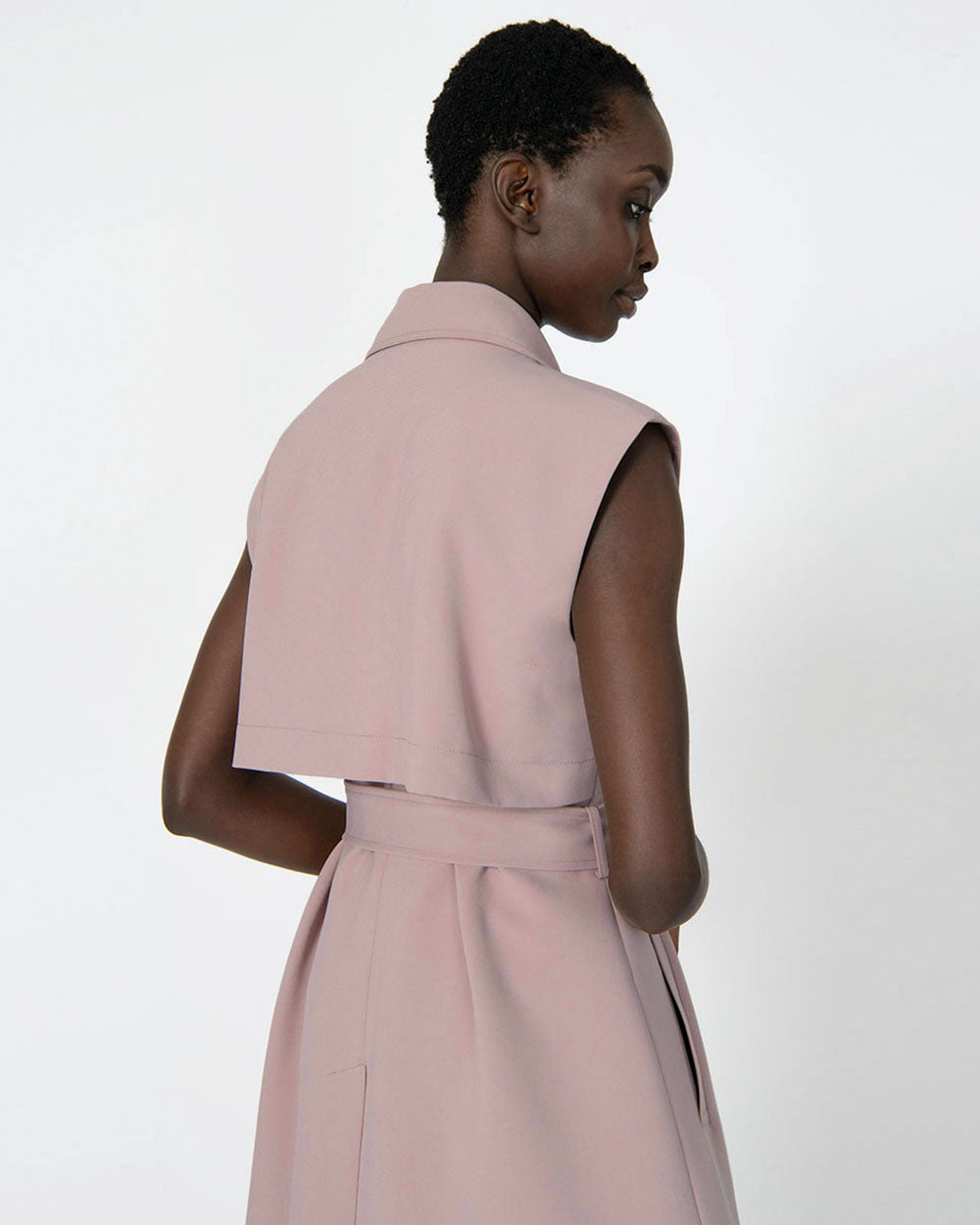 Celia Sleeveless Trench Coat in dusty violet — fabric detail