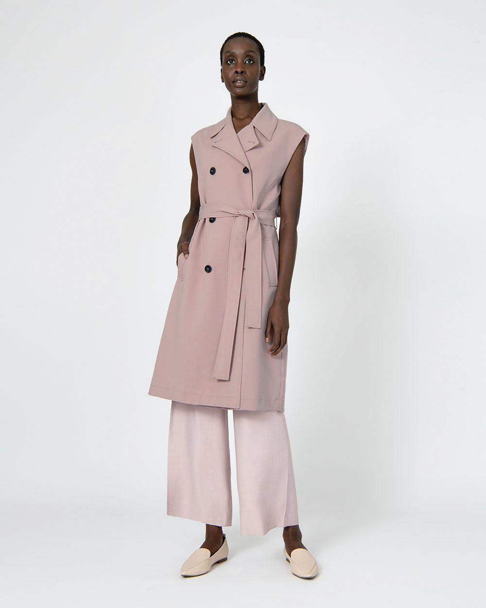 Celia Sleeveless Trench Coat in dusty violet — full-length view