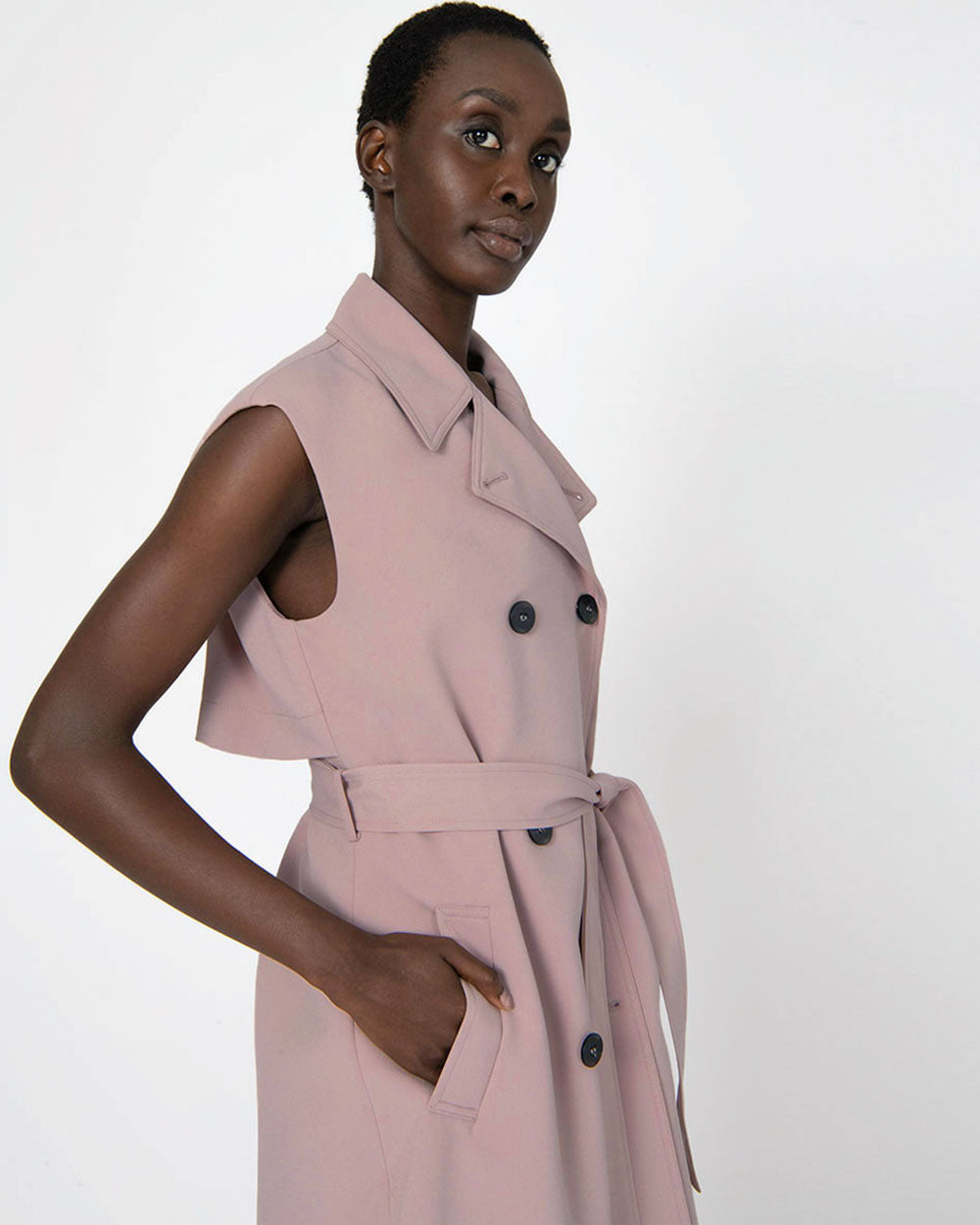 Celia Sleeveless Trench Coat in dusty violet — side view