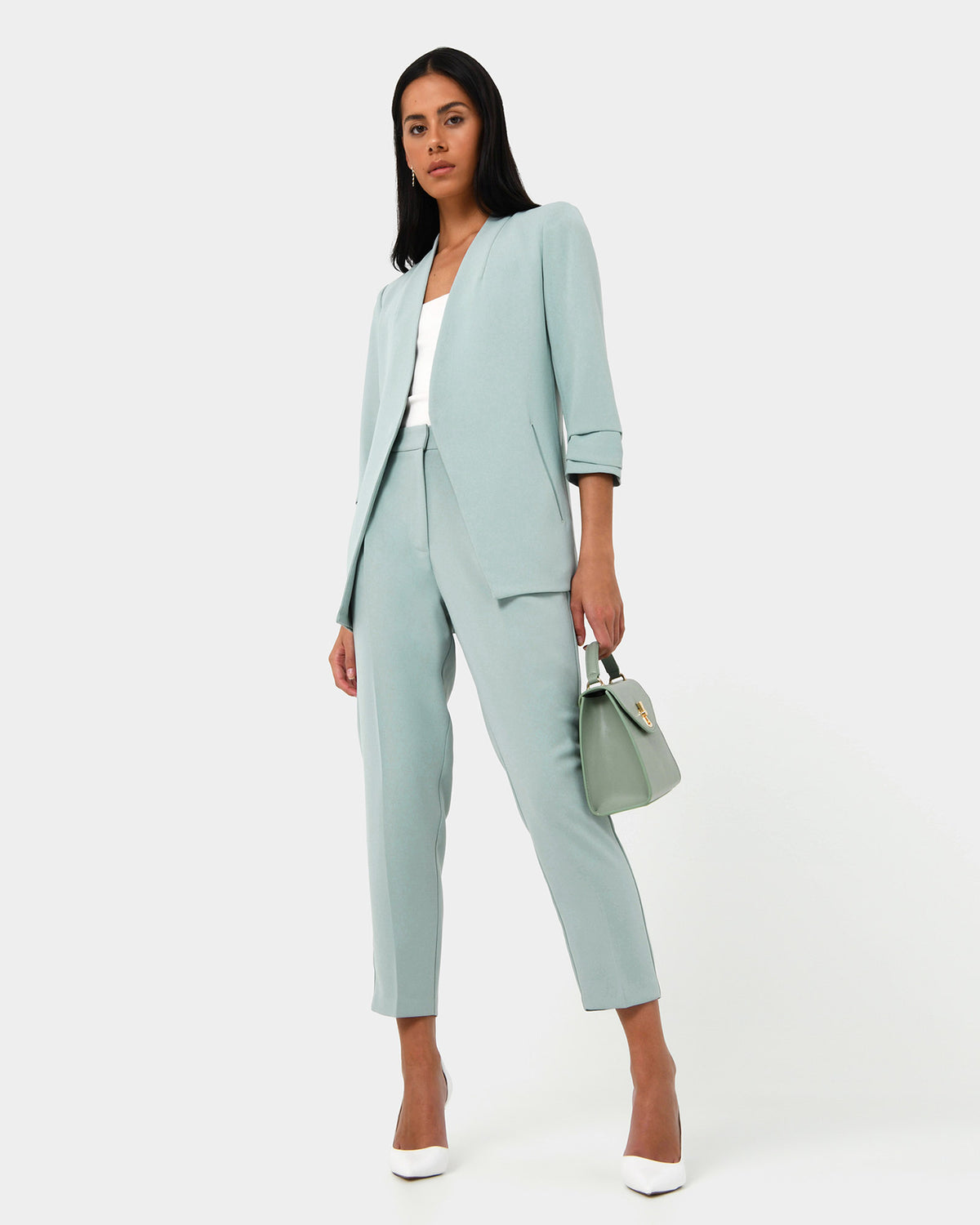 Carter 2 Collarless Blazer in pastel sage — full-length view