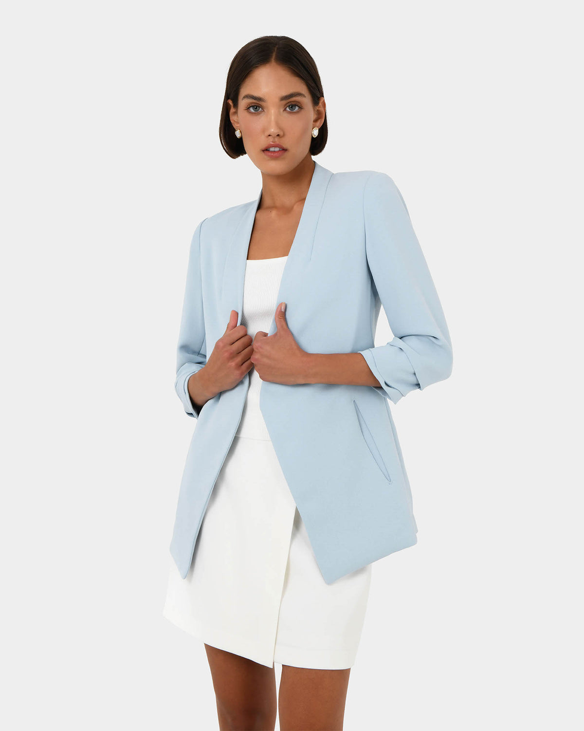 Carter 2 Collarless Blazer in sky blue — close-up view