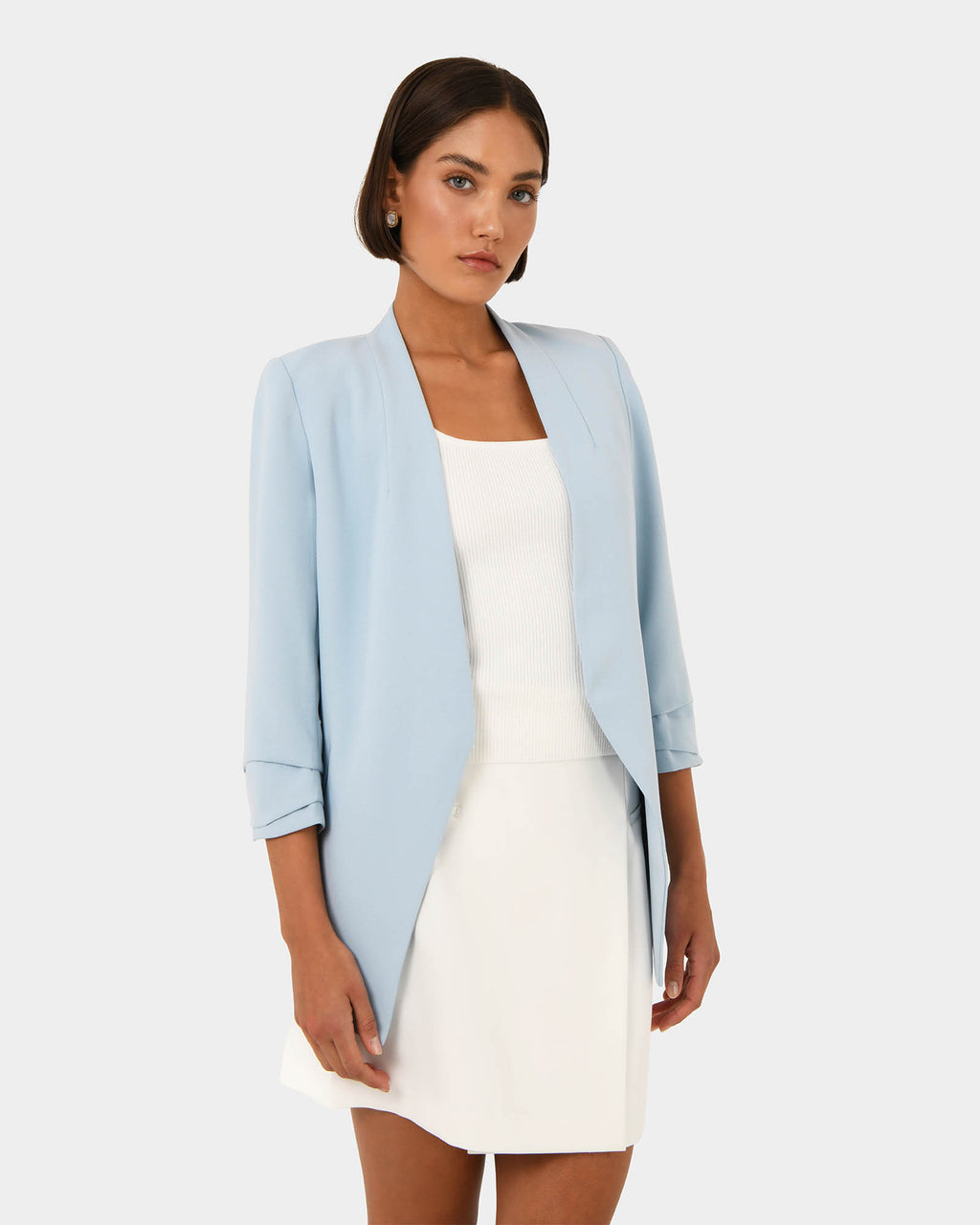Carter 2 Collarless Blazer in sky blue — close-up view 2