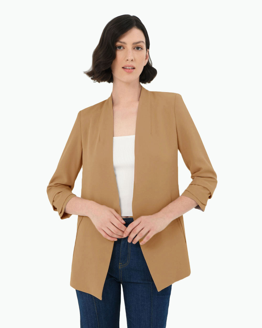 Carter 2 Collarless Blazer in tan — close-up view