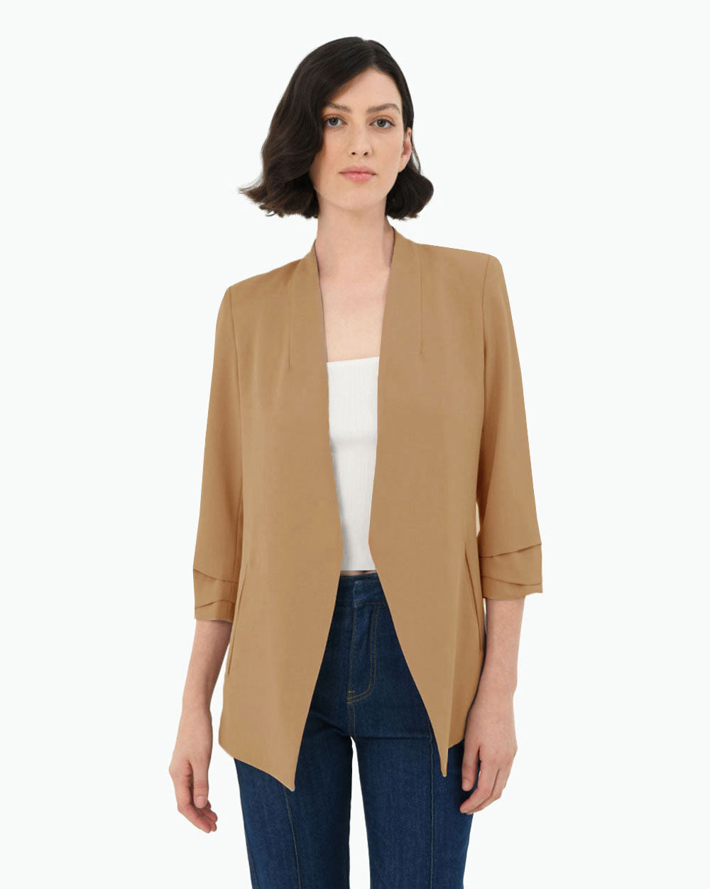 Carter 2 Collarless Blazer in tan — close-up view 2