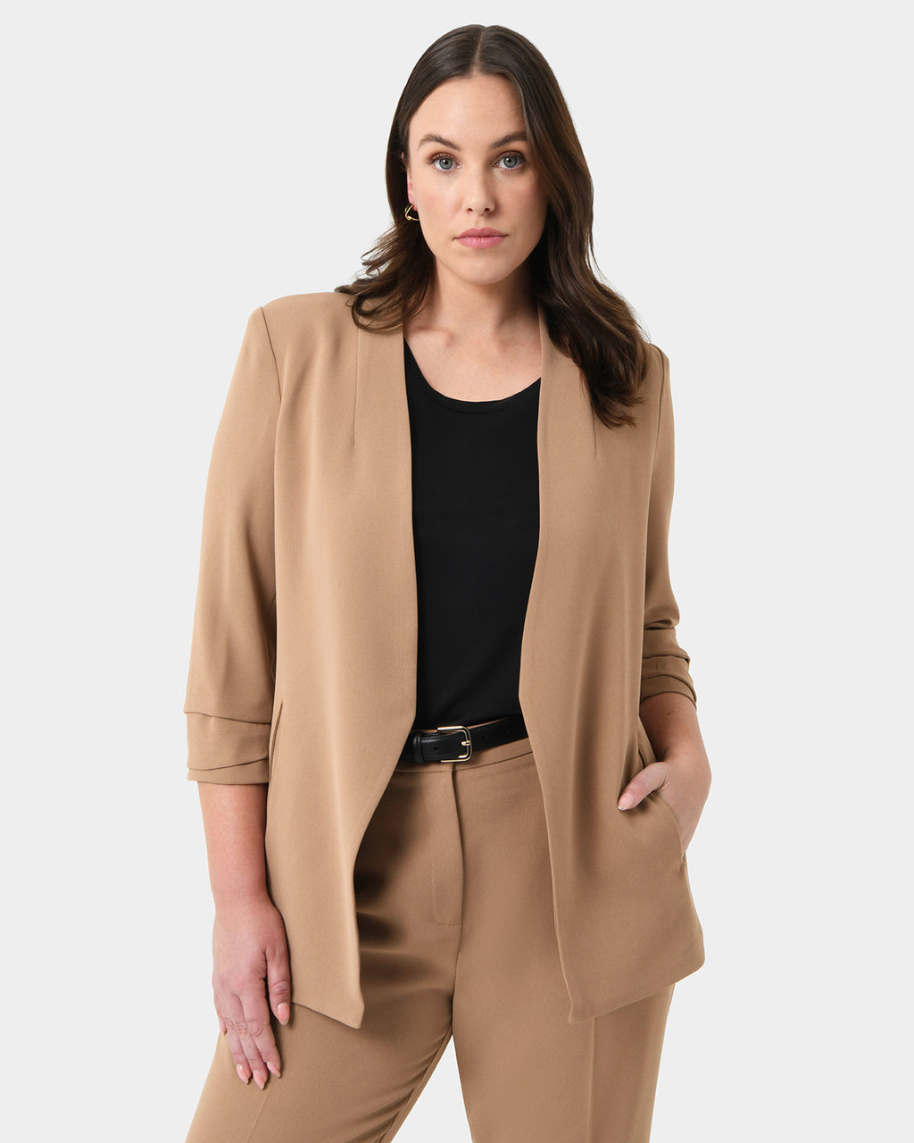 Carter 2 Collarless Blazer in tan — close-up view 3