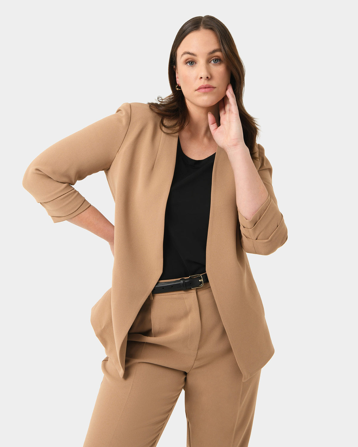 Carter 2 Collarless Blazer in tan — close-up view 4