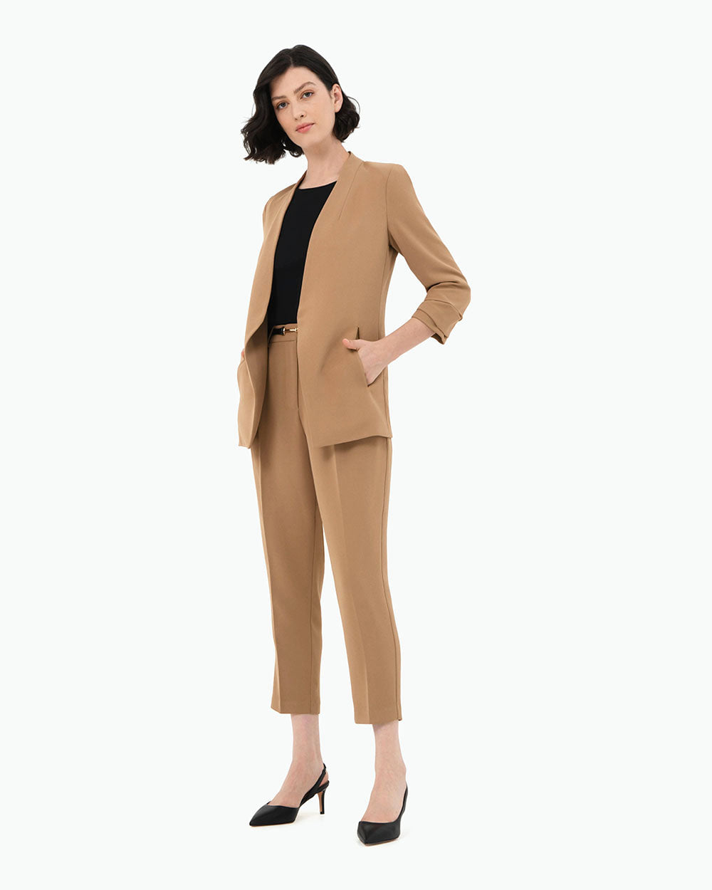 Carter 2 Collarless Blazer in tan — full-length view 2